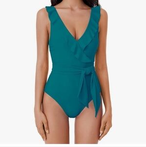 Rebecca Virtue. Teal Ruffle V-Neck One Piece Swimsuit. Size XS. NWT.